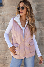 Pink fleece-lined quilted vest coat for women, Dear-Lover outerwear vest made of polyester with a cozy, stylish design.