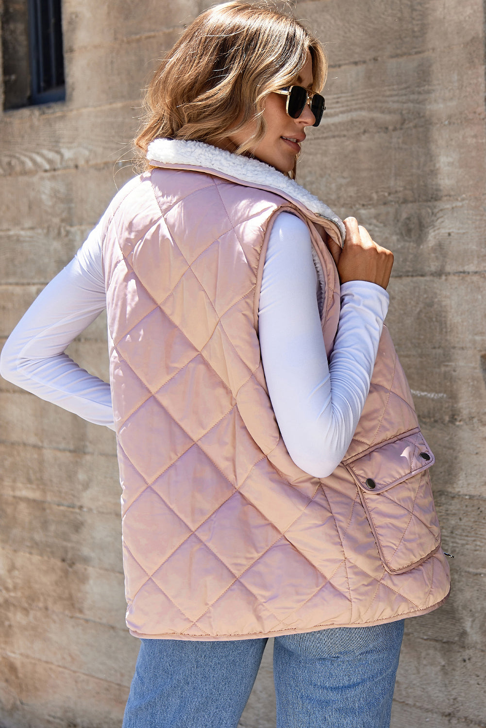 Pink fleece-lined quilted vest coat for women, Dear-Lover outerwear, warm polyester vest with cozy fleece interior.