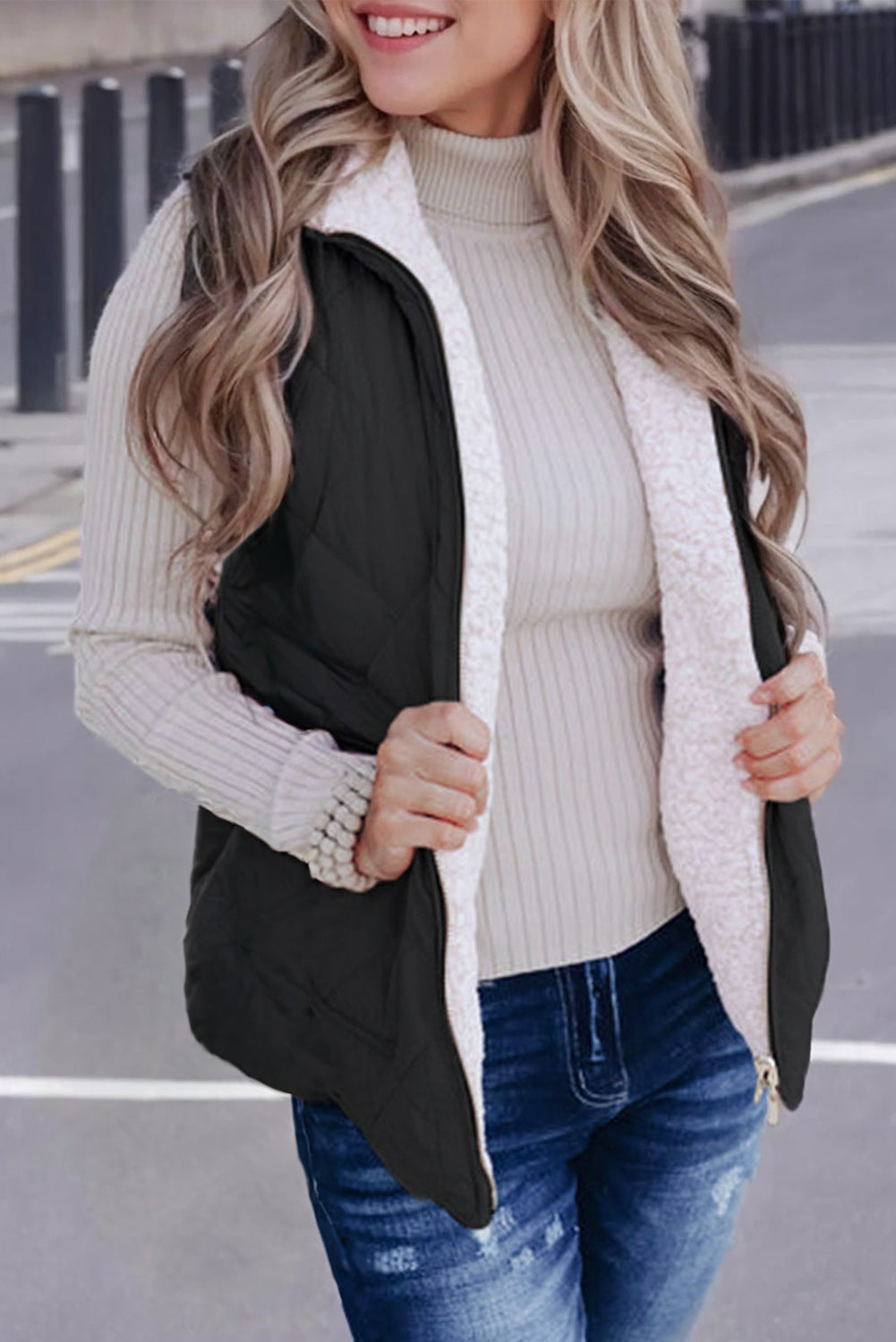 Pink fleece-lined quilted vest coat for women, Dear-Lover outerwear, lightweight polyester vest with warm fleece lining.