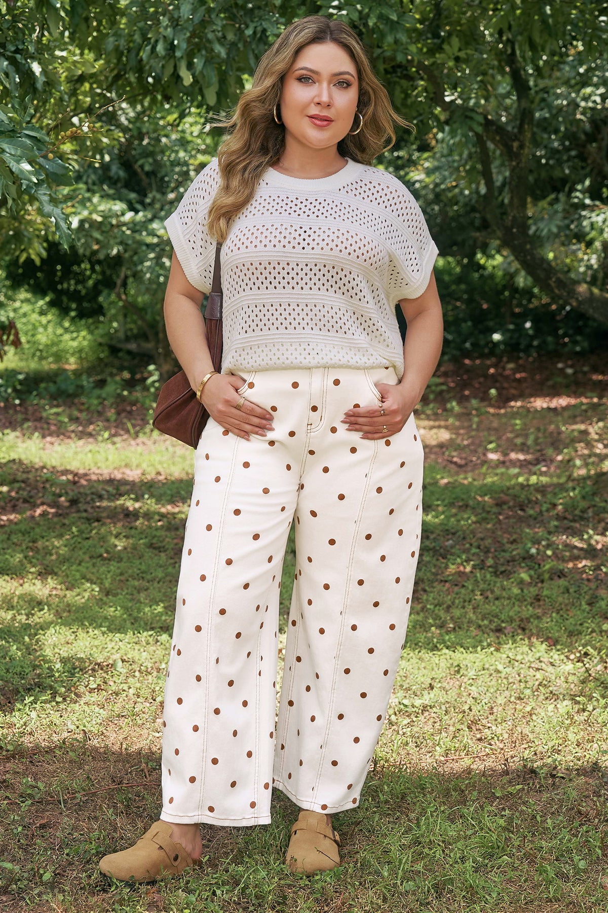 Beige polka dot print plus size barrel jeans from Dear-Lover, featuring a comfortable cotton-polyester-elastane blend and relaxed fit.