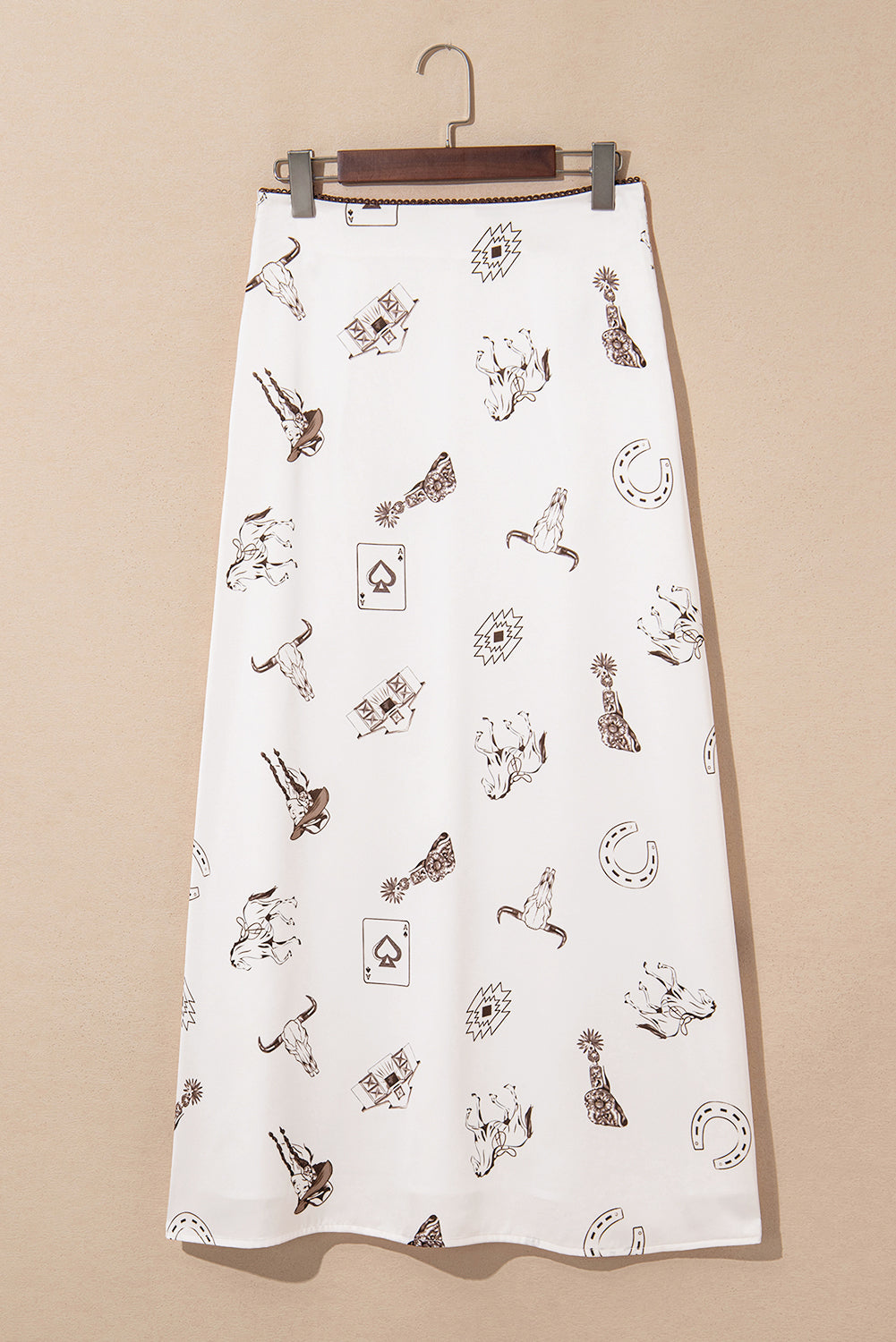 Beige plus size maxi skirt with Western print, lace trim, side zipper, made of polyester and elastane, from Dear-Lover.