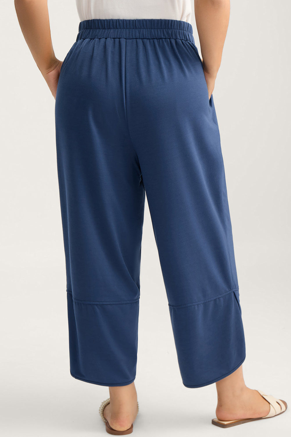 Plus size Sail Blue elastic waist asymmetrical hem loose capris pants by Dear-Lover, featuring a relaxed fit and stylish design.