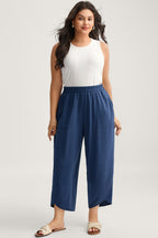 Plus size Sail Blue elastic waist asymmetrical hem loose capris pants by Dear-Lover, made of polyester, cotton, and elastane.