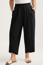 Plus size Sail Blue elastic waist asymmetrical hem capris pants by Dear-Lover, loose fit, soft polyester and cotton blend, casual style