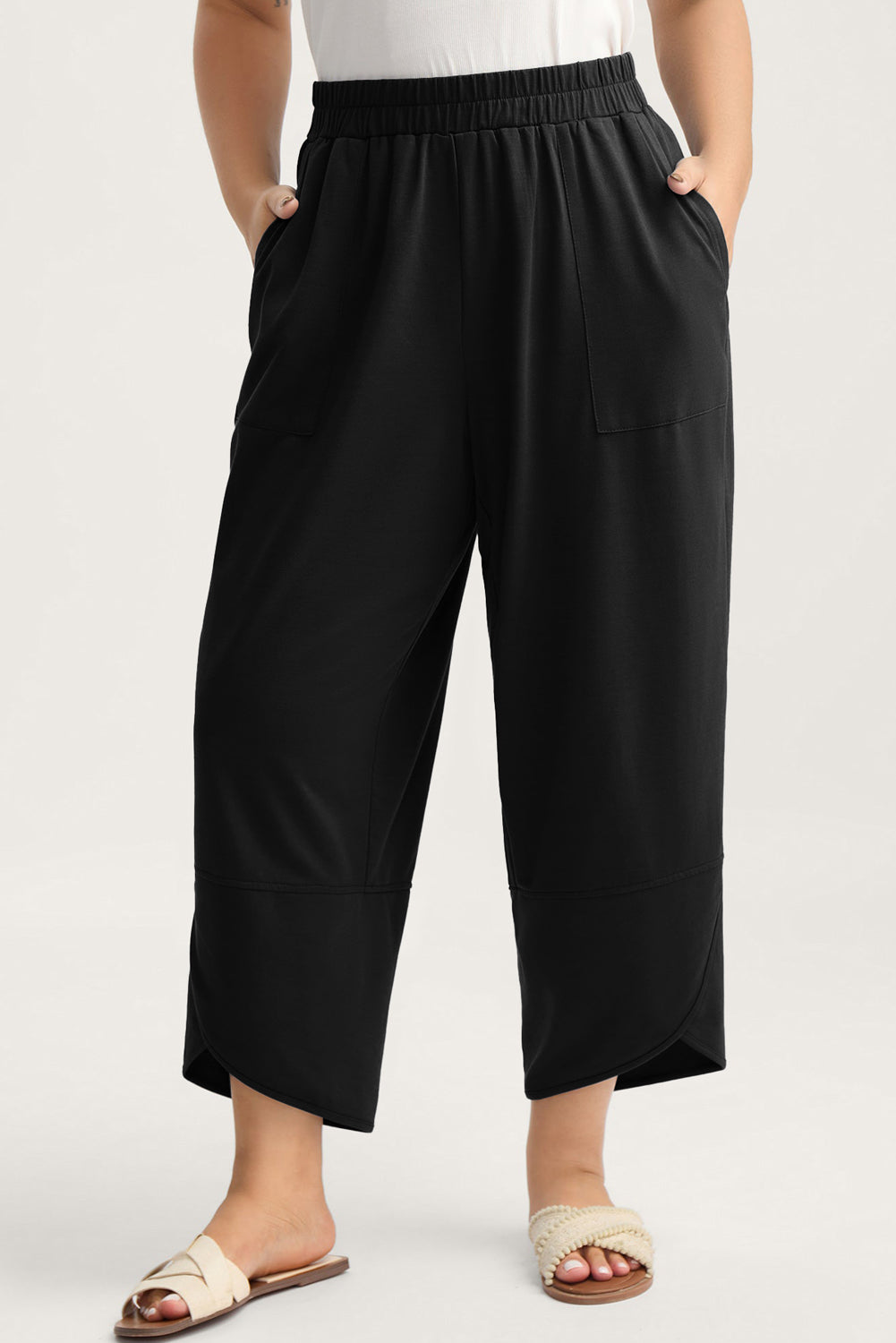 Plus size Sail Blue elastic waist asymmetrical hem capris pants by Dear-Lover, loose fit, soft polyester and cotton blend, casual style
