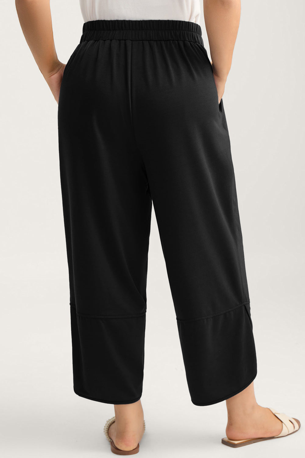 Sail Blue Plus Size Capris Pants with elastic waist, asymmetrical hem, loose fit, made of polyester, cotton, and elastane, by Dear-Lover