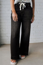 Black acid wash contrast lace-up plus size jeans from Dear-Lover, featuring a relaxed fit and durable cotton-elastane blend.