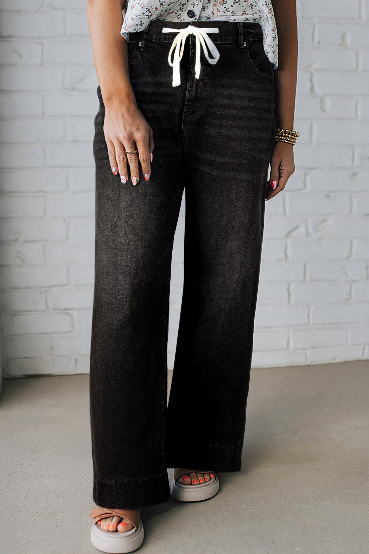 Black acid wash contrast lace-up plus size jeans from Dear-Lover, featuring a relaxed fit and durable cotton-elastane blend.