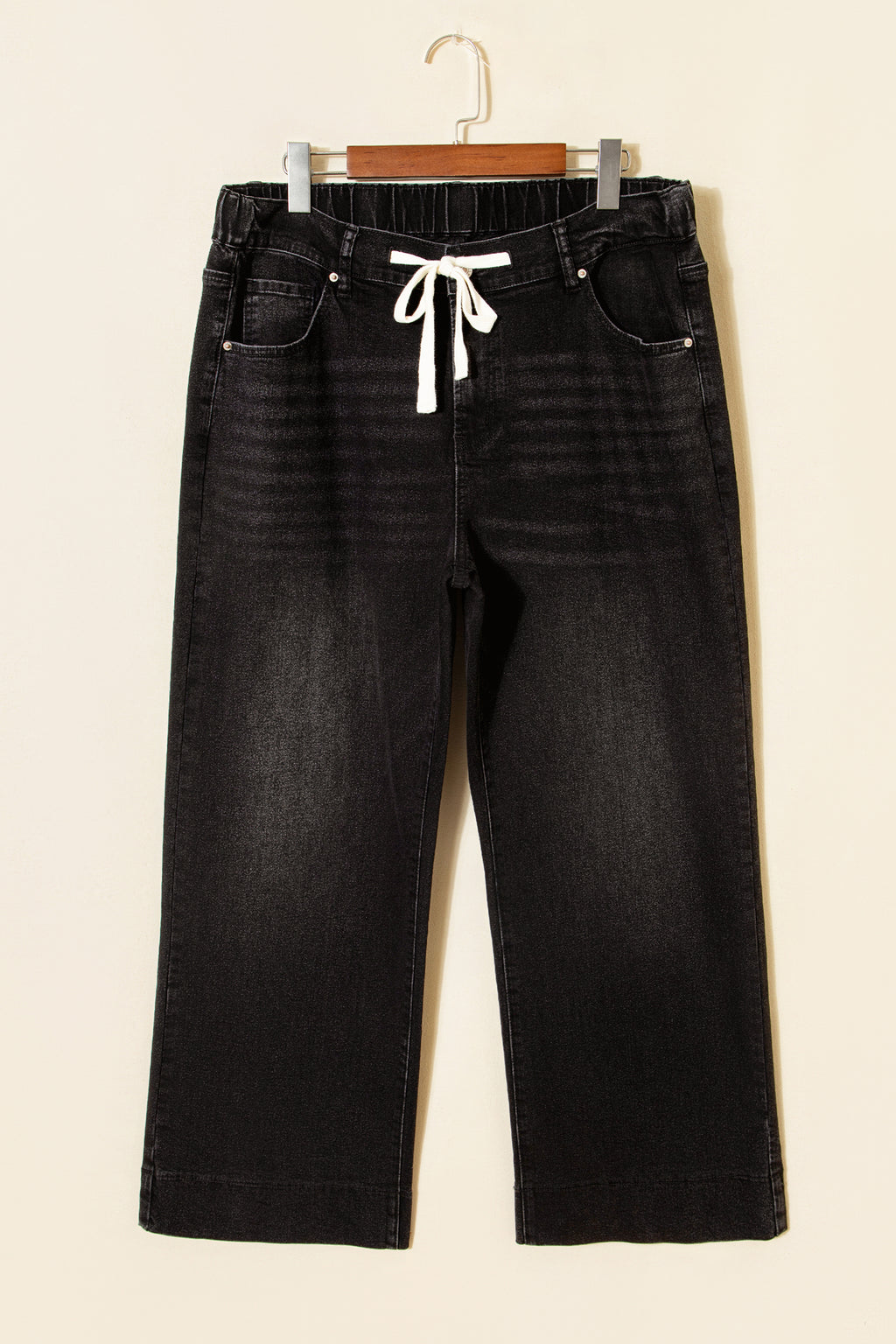 Black acid wash contrast lace-up plus size jeans from Dear-Lover, made with cotton, polyester, and elastane, showing front view.