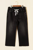 Black acid wash contrast lace-up plus size jeans from Dear-Lover, made with cotton, polyester, and elastane, showing front view.