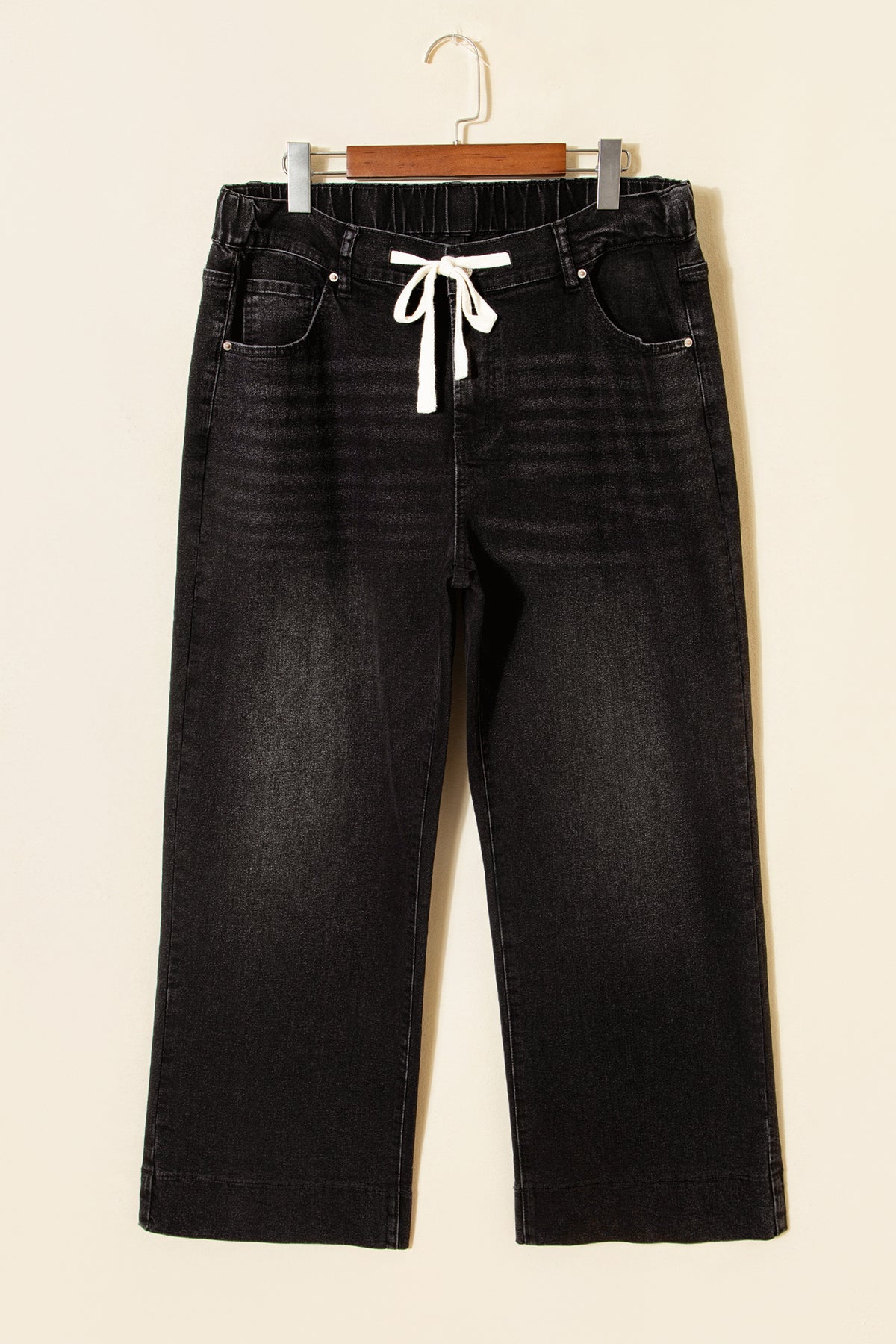 Black acid wash contrast lace-up plus size jeans from Dear-Lover, made with cotton, polyester, and elastane, showing front view.