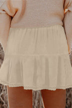 Plus size boho ruffled shorts with lace trim and elastic waist, featuring a frilled design for a stylish, comfortable fit.