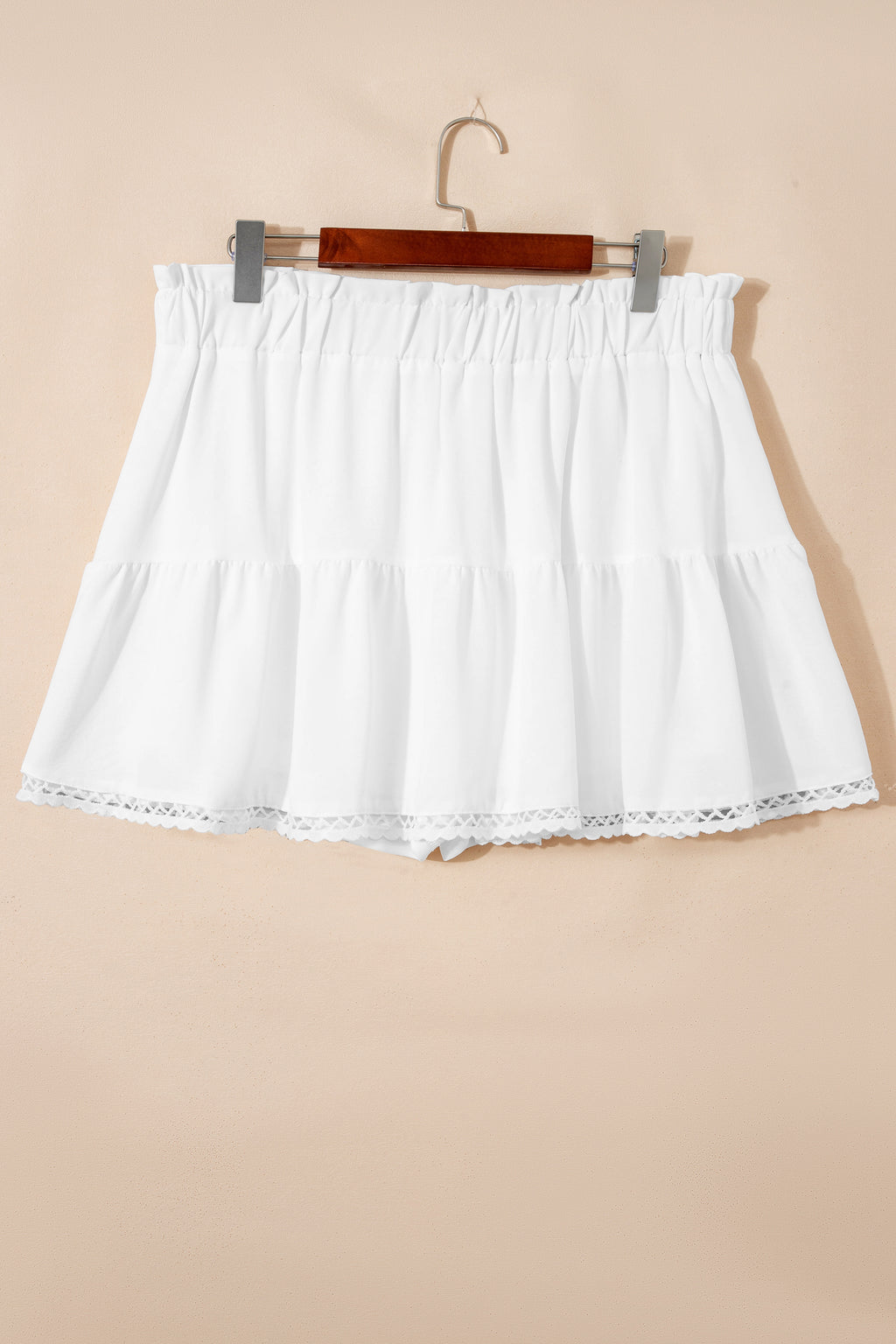 Plus size boho ruffled shorts with elastic waist and lace trim by Dear-Lover, featuring a stylish, frilled design.