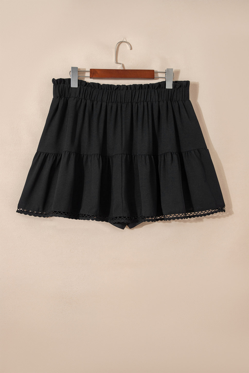 Plus size boho ruffled shorts with lace trim and elastic waist, featuring a relaxed, frilled design by Dear-Lover.