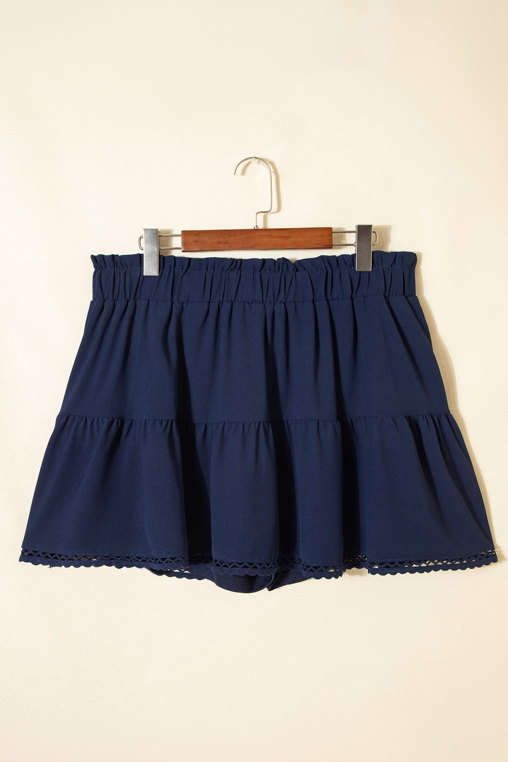 Plus size boho ruffled shorts with lace trim and elastic waist, designed by Dear-Lover, featuring a trendy, comfortable fit.