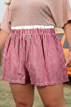 Plus size red plaid print shorts with contrast trim from Dear-Lover, made of 100% cotton, featuring stylish plus size bottoms.
