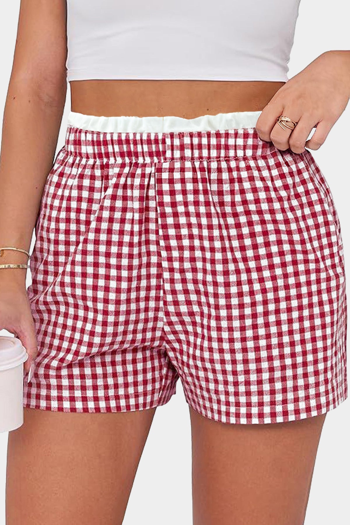 Plus size red plaid print shorts with contrast trim from Dear-Lover, made of 100% cotton, casual plus size bottoms.