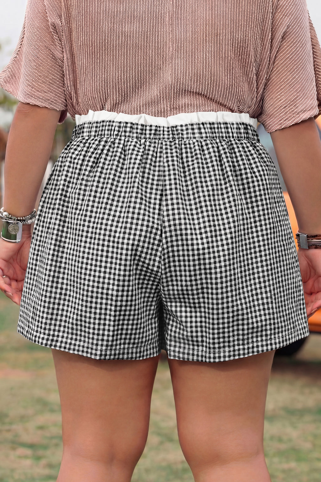 Plus size red plaid print shorts with contrast trim from Dear-Lover, made of 100% cotton, featuring a comfortable fit.