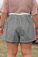 Plus size red plaid print shorts with contrast trim from Dear-Lover, made of 100% cotton, featuring a comfortable fit.