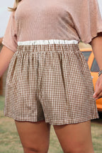 Plus size red plaid print shorts with contrast trim, made of 100% cotton, by Dear-Lover for comfortable plus size bottoms.