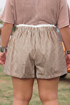 Plus size plaid print shorts with contrast trim in red, made from cotton, stylish and comfortable plus size bottoms.