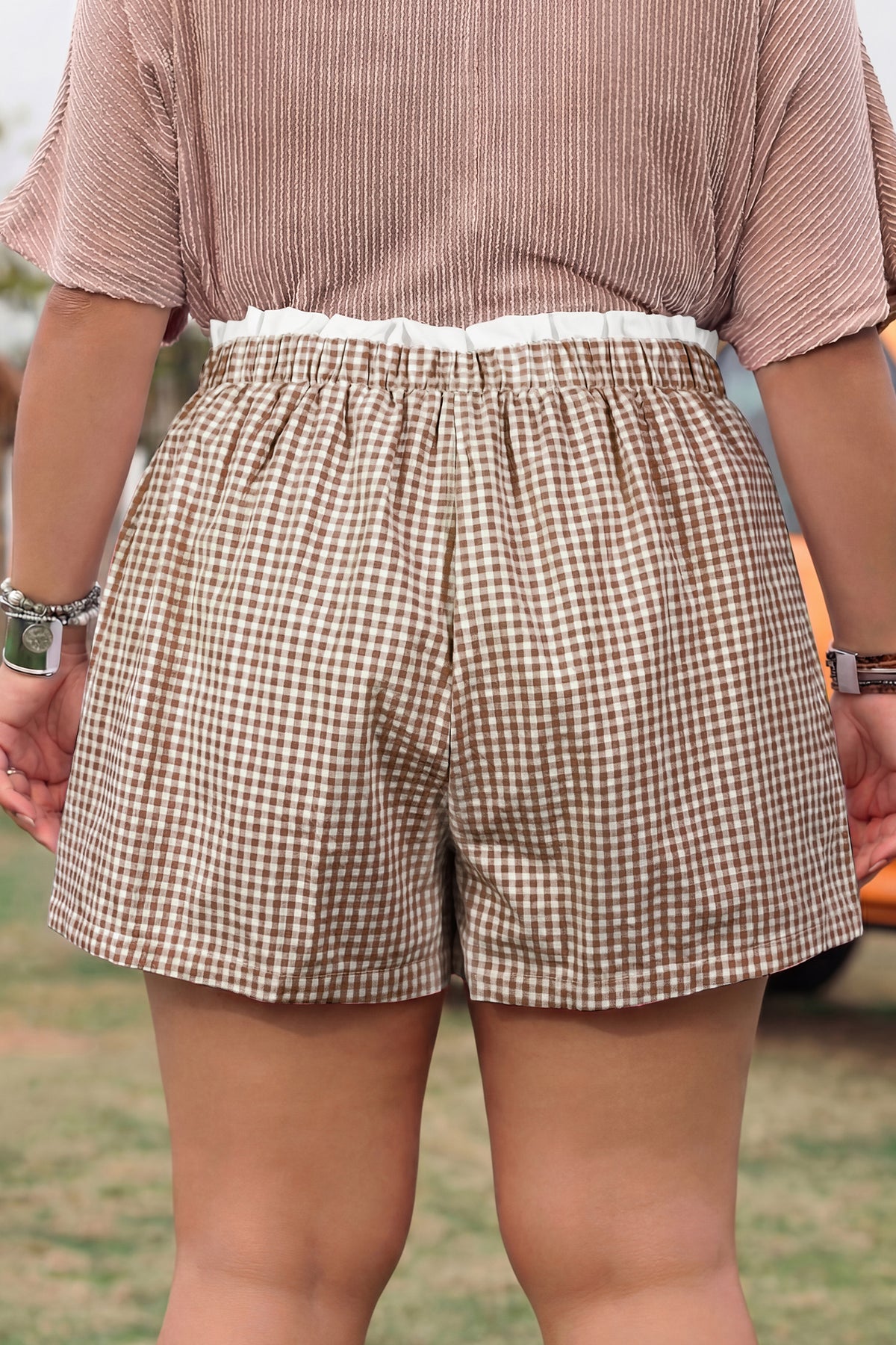 Plus size plaid print shorts with contrast trim in red, made from cotton, stylish and comfortable plus size bottoms.