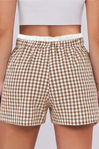 Plus size red plaid print shorts with contrast trim from Dear-Lover, made of 100% cotton, designed for comfortable fit.