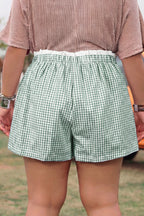 Plus size red plaid print shorts with contrast trim from Dear-Lover, made of 100% cotton, casual plus size bottoms.