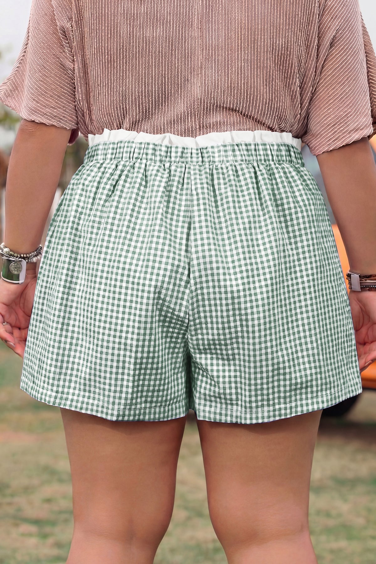 Plus size red plaid print shorts with contrast trim from Dear-Lover, made of 100% cotton, casual plus size bottoms.