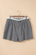 Plus size red plaid print shorts with contrast trim by Dear-Lover, featuring comfortable cotton fabric and stylish design.
