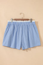 Plus size red plaid print shorts with contrast trim, made of cotton, by Dear-Lover Dropshipping, featuring a comfortable fit.