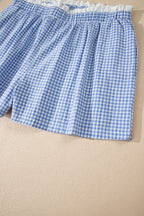 Plus size red plaid print shorts with contrast trim from Dear-Lover, made of 100% cotton, casual summer bottoms.