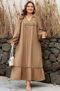 Plus size chestnut maxi dress by Dear-Lover with smocked V-neckline, leopard piping accents, and bracelet-style detailing.