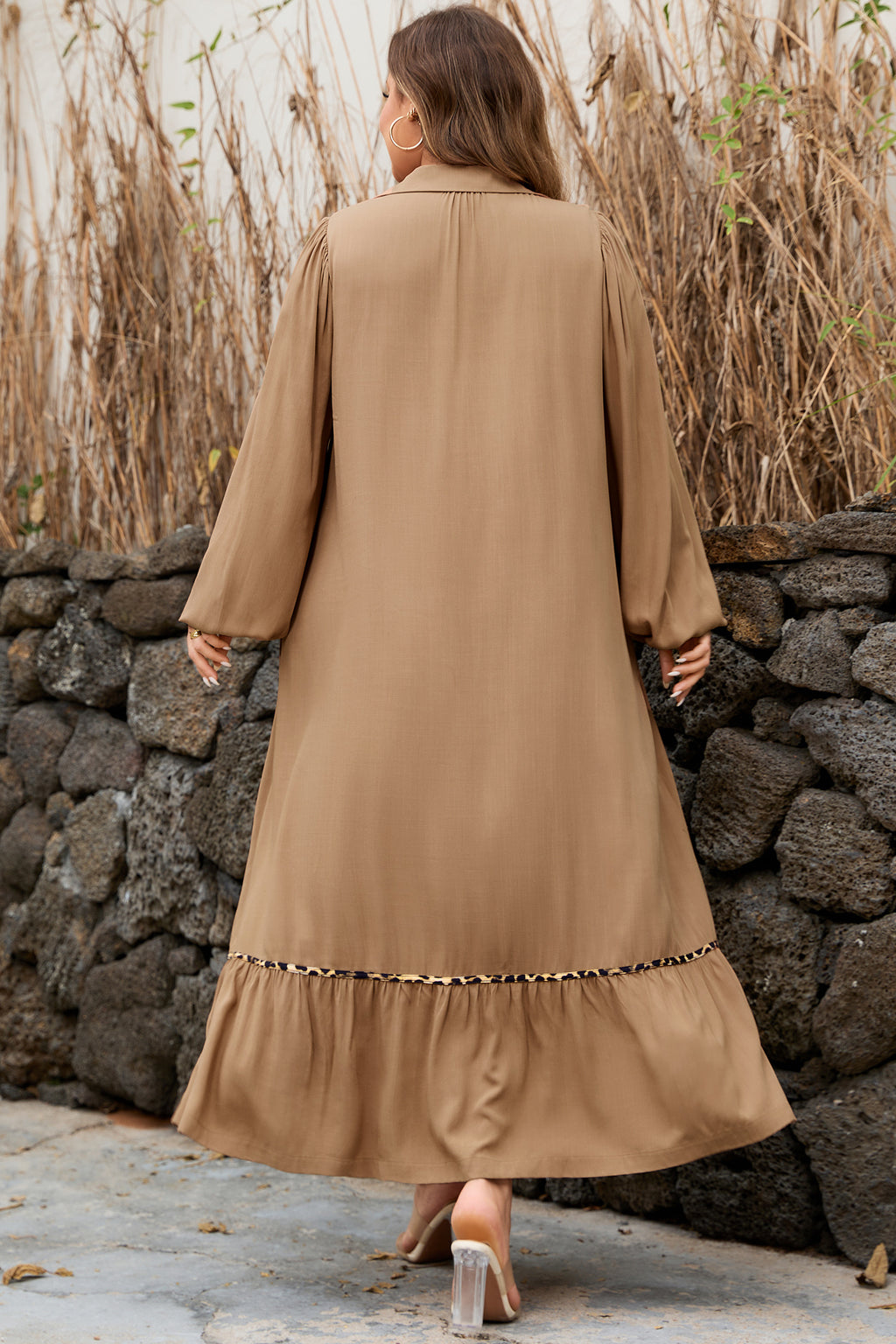 Plus size chestnut maxi dress with smocked V neckline, leopard piping accents, and bracelet detail by Dear-Lover.