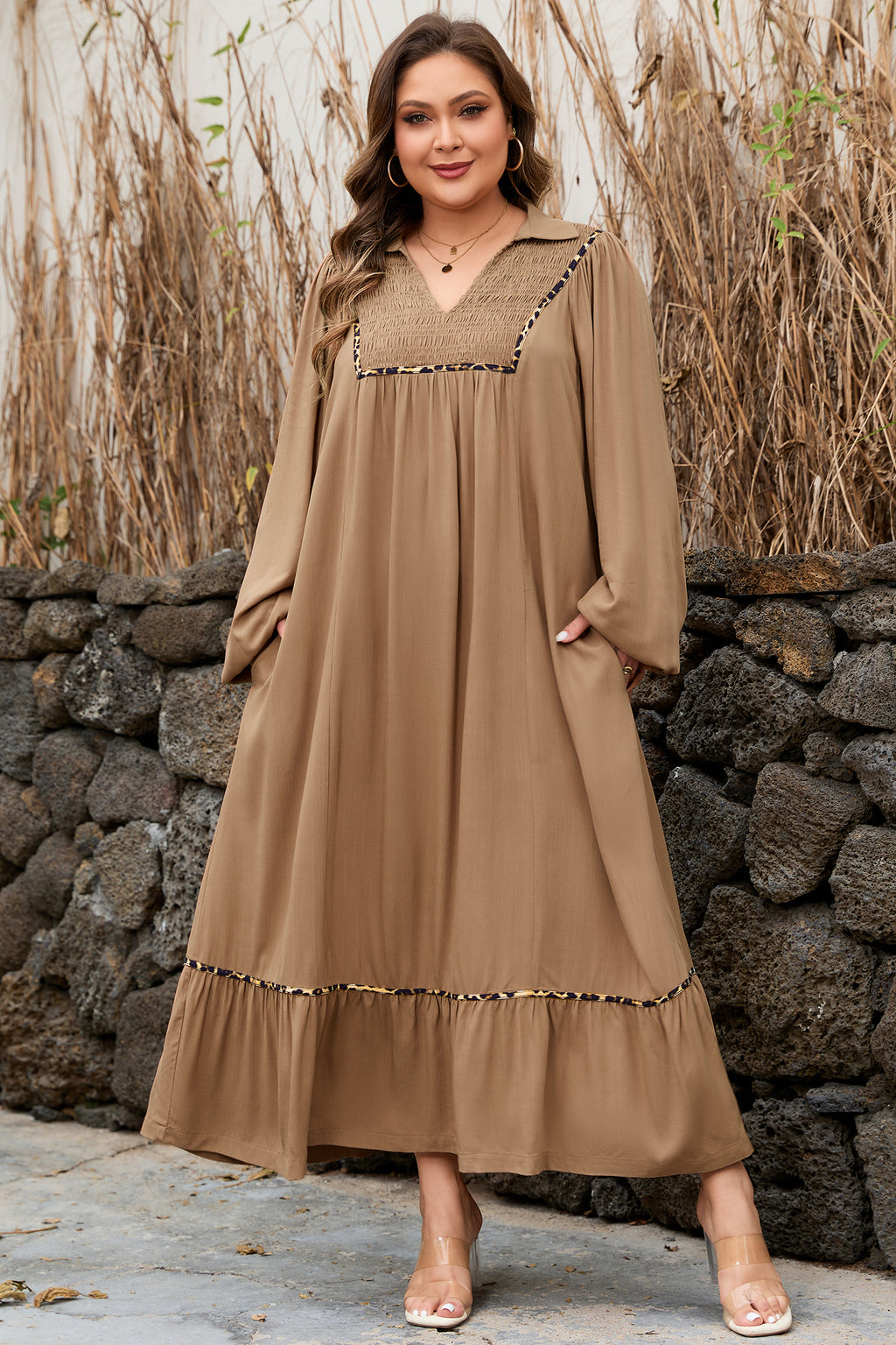 Plus size chestnut maxi dress with smocked V-neckline, leopard piping accents, and bracelet details by Dear-Lover.