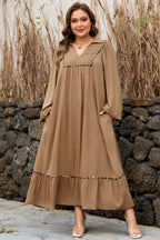 Plus size chestnut maxi dress with smocked V-neckline, leopard piping accents, and bracelet details by Dear-Lover.