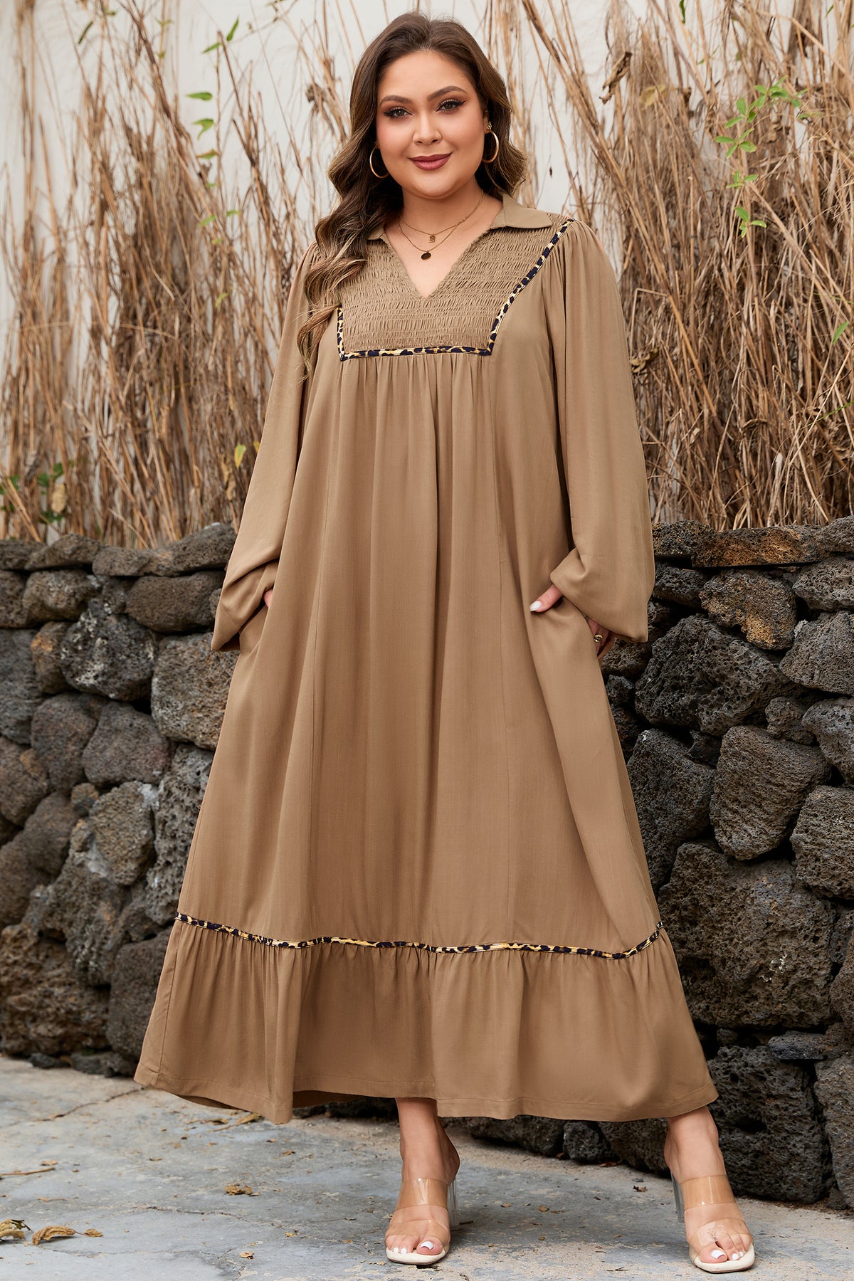 Plus size chestnut maxi dress with smocked V-neckline, leopard piping accents, and bracelet details by Dear-Lover.