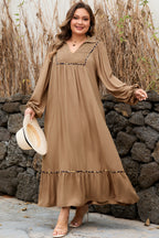 Plus size chestnut maxi dress with smocked V-neckline, leopard piping detail, and bracelet accents, made from viscose fabric.