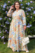 Khaki floral print plus size maxi dress with 3/4 sleeves and tiered design by Dear-Lover, made from 100% viscose.