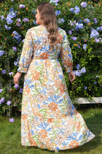 Plus size khaki floral print maxi dress with 3/4 sleeves and tiered design from Dear-Lover, made of 100% viscose fabric.