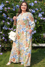 Khaki floral print plus size long dress with 3/4 sleeves and tiered design by Dear-Lover, made of 100% viscose, style for plus size women.