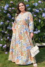 Khaki floral print plus size maxi dress with 3/4 sleeves and tiered design by Dear-Lover, made from 100% viscose fabric.