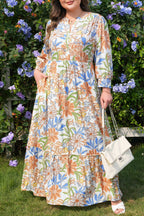 Plus size khaki floral print maxi dress with 3/4 sleeves and tiered design by Dear-Lover, made of lightweight viscose fabric.