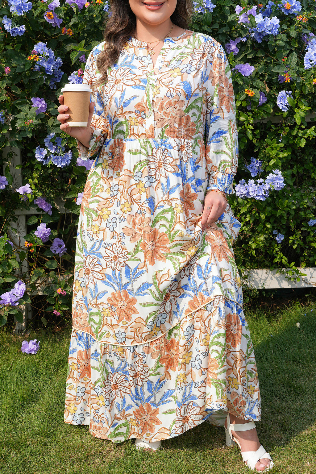 Khaki floral print plus size maxi dress with 3/4 sleeves and tiered design by Dear-Lover, made from 100% viscose fabric.