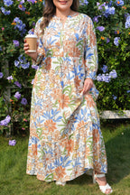 Khaki floral print plus size maxi dress with 3/4 sleeves and tiered design by Dear-Lover, made from 100% viscose fabric.