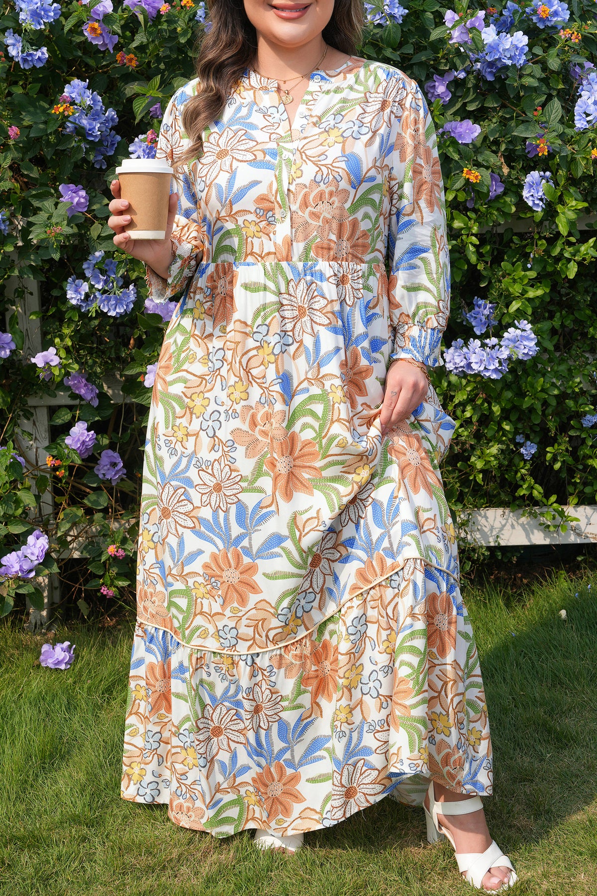 Khaki floral print plus size maxi dress with 3/4 sleeves and tiered design by Dear-Lover, made from 100% viscose fabric.