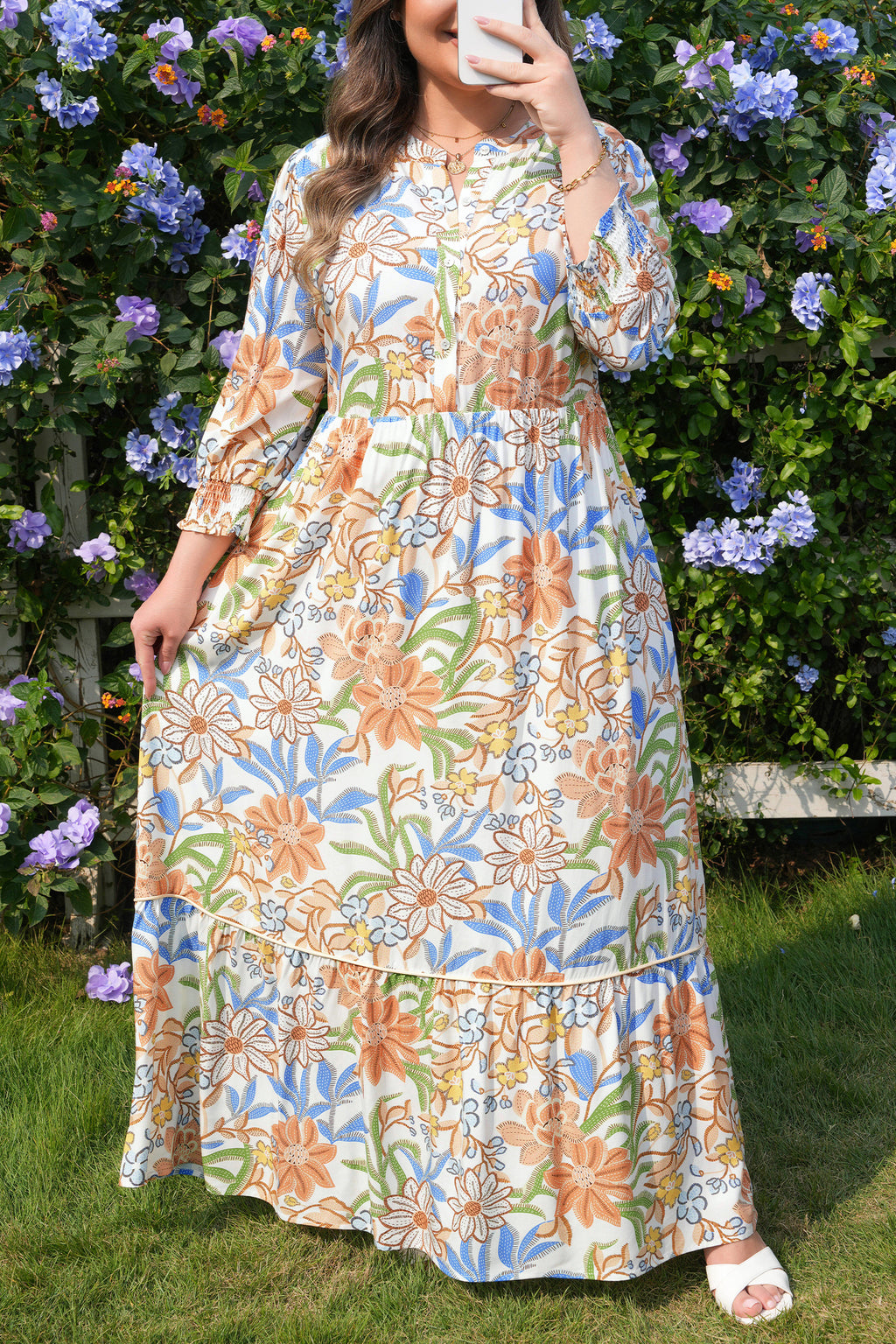 Khaki floral print plus size maxi dress by Dear-Lover with 3/4 sleeves and tiered design, made from viscose for a flowing fit.