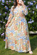 Khaki floral print plus size maxi dress by Dear-Lover with 3/4 sleeves and tiered design, made from viscose for a flowing fit.