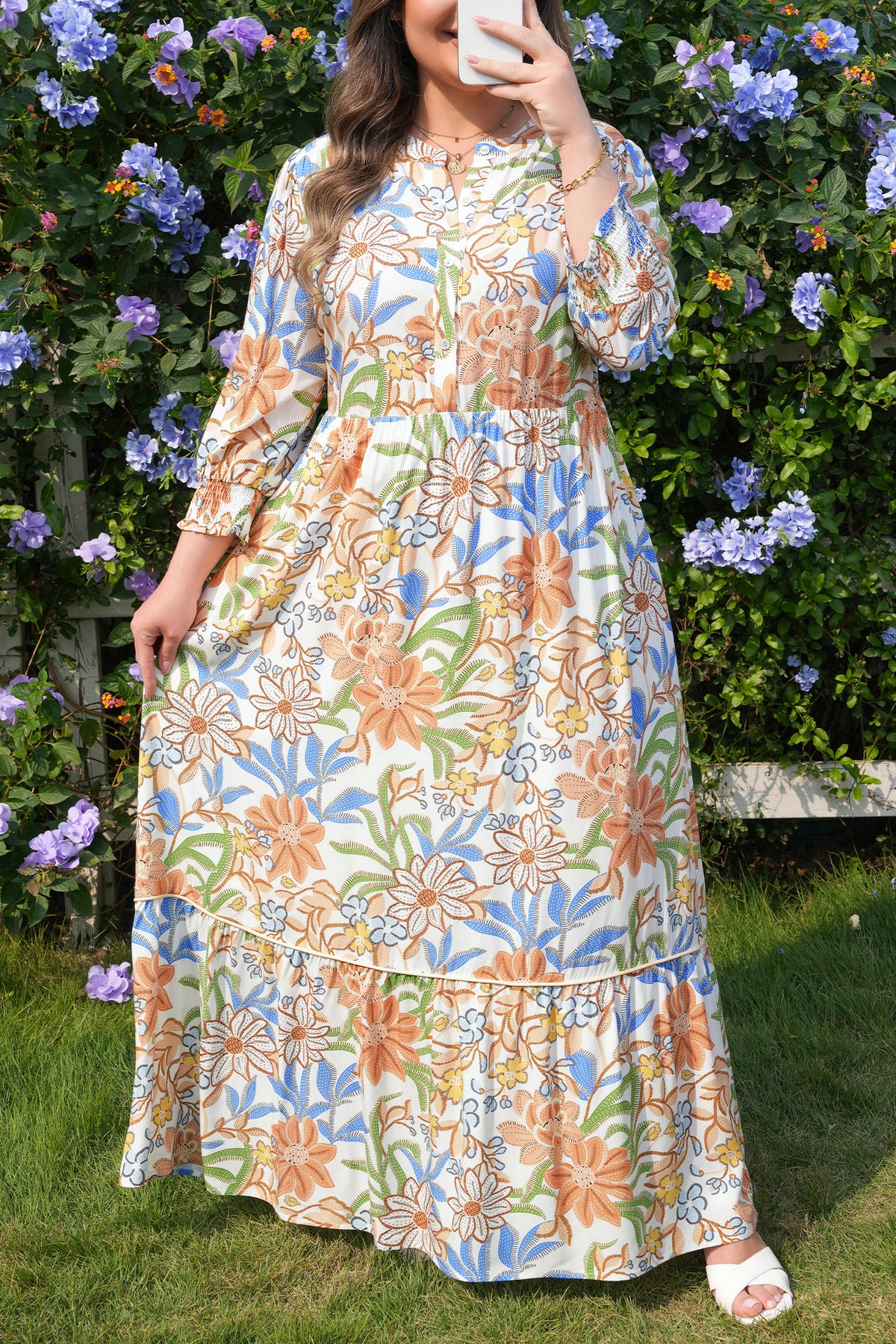 Khaki floral print plus size maxi dress by Dear-Lover with 3/4 sleeves and tiered design, made from viscose for a flowing fit.