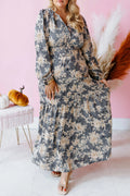 Sky blue plus size floral print maxi dress with split neckline, shirred waist, long sleeves, and high waist from Dear-Lover.